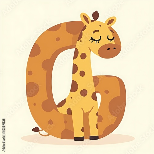 Giraffe with Letter G Cartoon Illustration for Kids Education