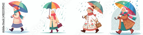 vector of grandmother walking with umbrella in the rain