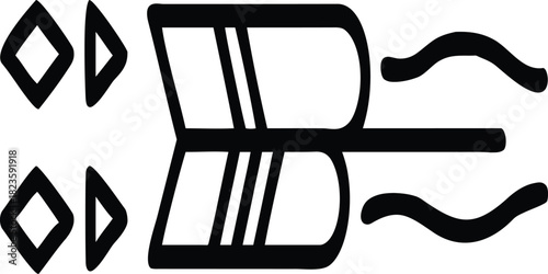Cuneiform symbol of an arrow or boat with wavy lines and geometric shapes, isolated on white background
