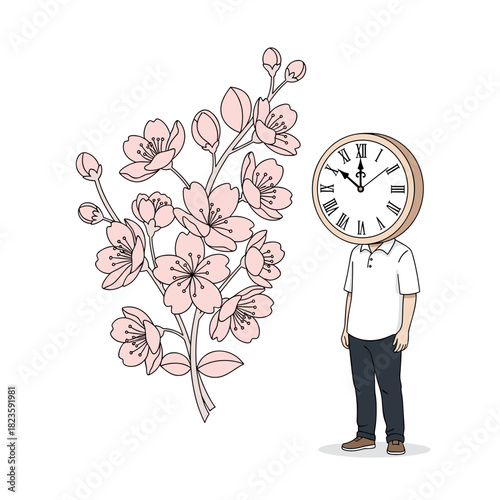 Clock Head Man with Cherry Blossom Branch