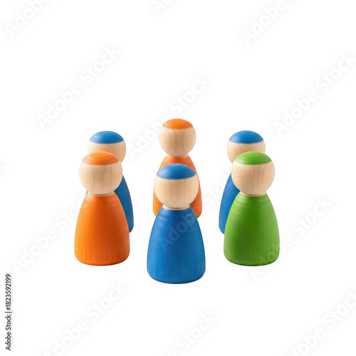 Six colorful wooden peg people figures representing a group or team standing together isolated on transparent background