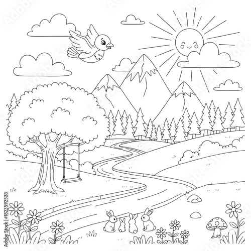 mountain view illustration perfect for coloring book
