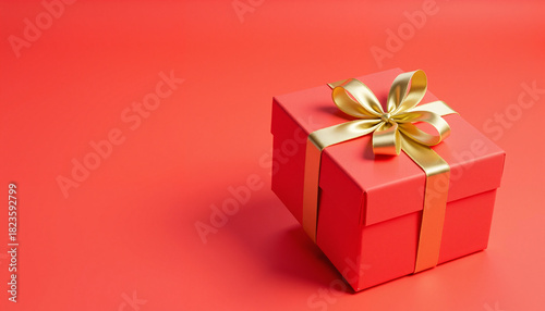 Red gift box with gold ribbon on red background  