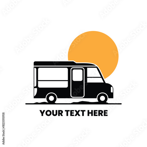 Minimalist camper van logo design featuring a clean, modern outline of a classic van. The illustration conveys adventure, travel freedom, and an outdoor lifestyle, suitable for branding, merchandise, 