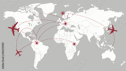  Minimalist World Map with Connected Flight Routes, Flat Vector Illustration