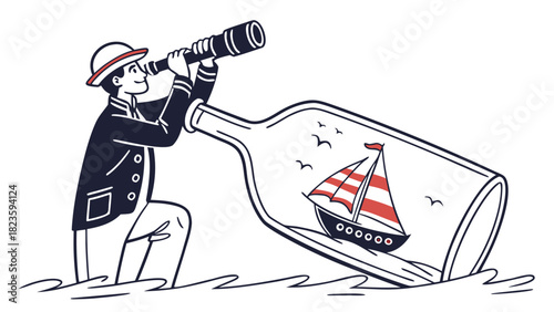 Ship in a Glass Bottle, Adventure Concept Flat Minimalist Illustration