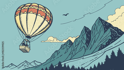 Hot Air Balloon Over Mountains, Adventure and Freedom Flat Illustration