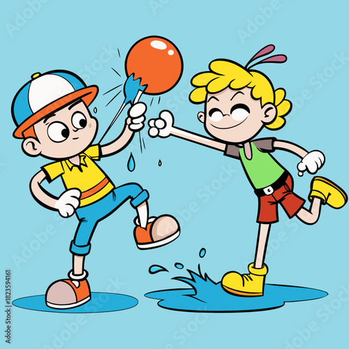 Cartoon children playing with water balloon on blue background  