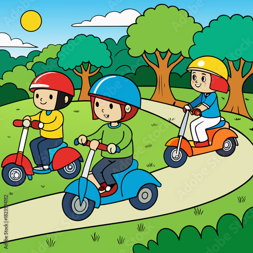 Children riding scooters on a winding path in a sunny park  