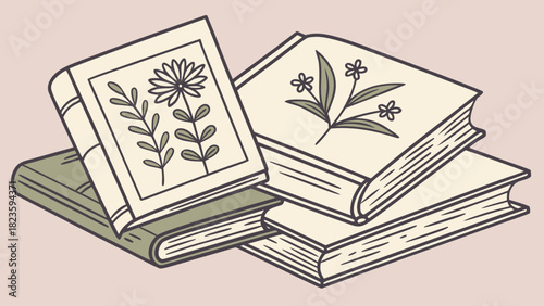 Stack of Books with Plant Illustrations on Covers, Flat Design on Dusty Pink Background