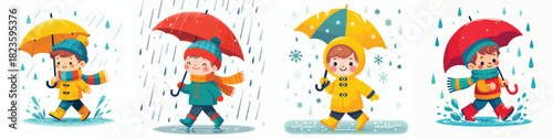 vector of little boy walking with umbrella in the rain