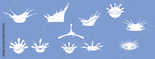 Milk Splash Icons. White liquid stains of various shapes, falling milky drop blots and round spatter stains. Vector yoghurt and milkshake grocery logo layout set