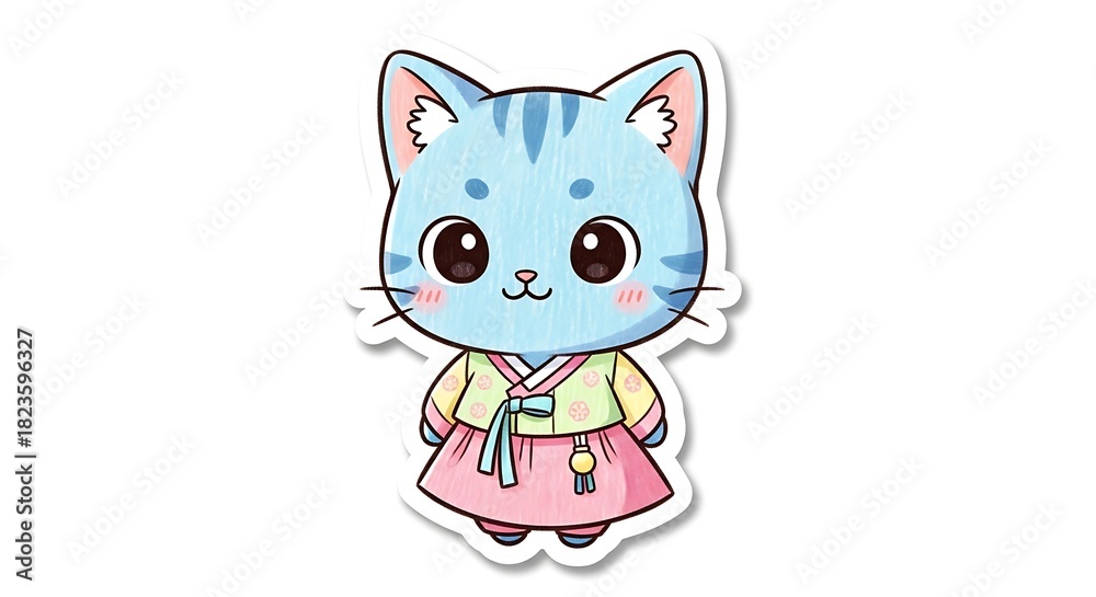 Obraz premium Cute Blue Cartoon Cat Wearing Pink Dress on White Background