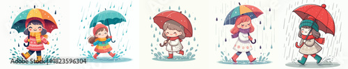 vector of little girl walking with umbrella in the rain
