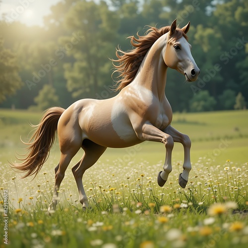 Horse Rearing in Meadow with Wildflowers on Sunny Day