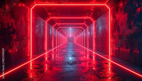 Fototapeta Naklejka Na Ścianę i Meble -  A futuristic digital art illustration of a circular red light tunnel pattern against a dark background, evoking a sense of technology and infinite space