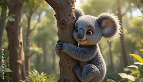 Koala Hugging Tree in Forest Cute Animal Illustration