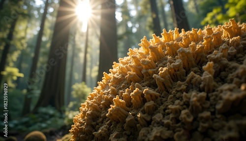 Macro Shot of Forest Fungus with Sun Streaming Through Tall Trees