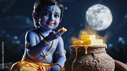 Adorable Little Krishna Joyfully Eating Butter at Night.