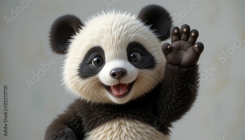 Panda Cub Waving Hand with Happy Expression
