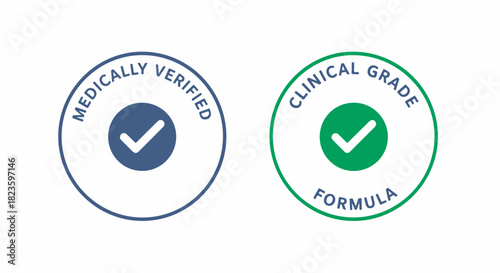 Medically Verified and Clinical Grade Formula quality guarantee stamps on white background