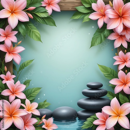 Plumeria Flowers with Zen Stones and Wooden Frame Spa Background
