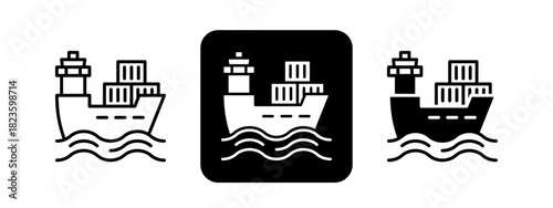 Cargo Ship  Solid color and black line drawing vector illustration set