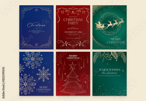 Christmas Flyer Poster Invitation Set in Red, Green & Blue Hues with Luxury Gold Accents & Festive Style for Holiday Greetings Cards