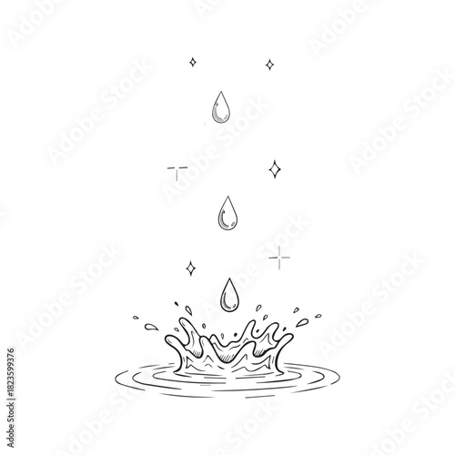 Minimalist hand-drawn line art of falling water drops with sparkles creating a crown splash. Simple black ink sketch illustration of rain or tears on textured paper background.
