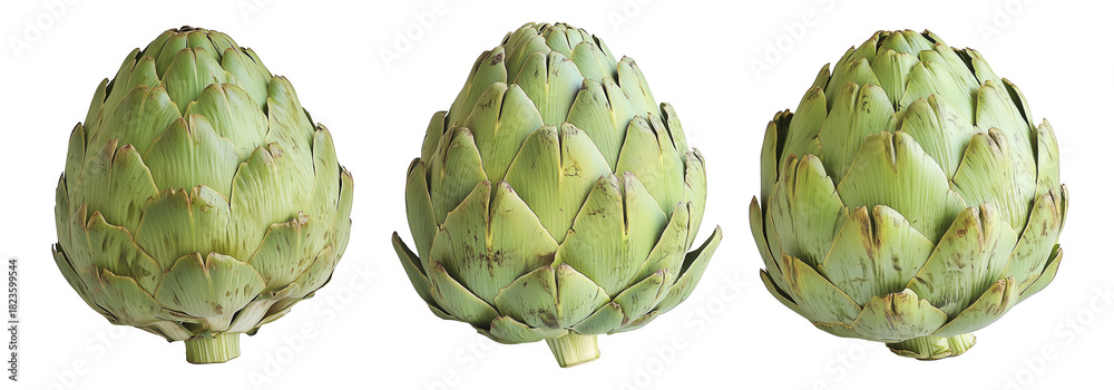 Obraz premium Single fresh green artichoke with detailed texture isolated on white transparent background. Concept of healthy eating, organic food, and vegetarian diet