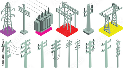 3D isometric electrical power infrastructure set, colorful bases, utility poles, transmission towers, transformers, high-voltage components, energy distribution, industrial grid illustration