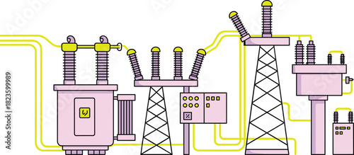 Electrical substation illustration with transformer, circuit breakers, control panel, power lines, high-voltage equipment, industrial energy distribution system diagram