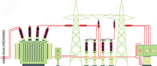 High voltage electrical substation illustration featuring power transformer, circuit breakers, transmission towers, control panels, energy distribution system, industrial engineering diagram