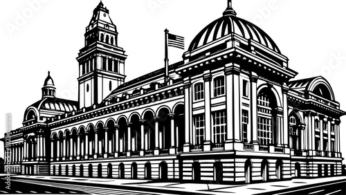 Very beautiful street-view scene of the Old Post Office Pavilion in Washington, D.C., showcasing its historic architecture, clean daylight atmosphere, and balanced urban composition suitable for stock