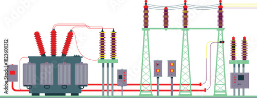 High voltage electrical substation illustration, power transformer system, energy distribution network, industrial utility infrastructure, switchgear, circuit breakers, transmission equipment