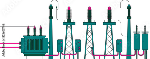 Industrial electrical substation system illustration showing transformers, circuit breakers, power distribution equipment, high-voltage infrastructure, energy grid components, engineering diagram