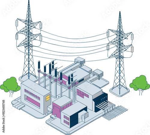Industrial power plant illustration, modern energy facility infrastructure, high-voltage transmission towers, electricity distribution network, factory buildings, technology systems, urban utilities