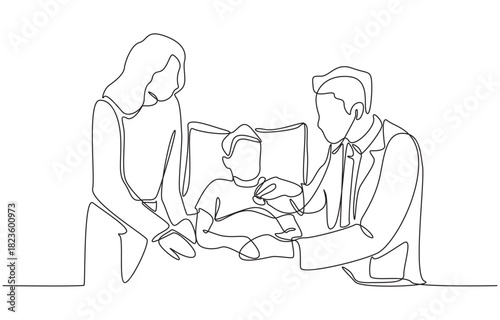 Continuous one line drawing of doctor examining child while his parent providing support, medical health care for children concept, single line art.