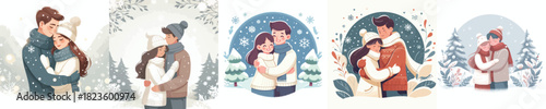 vector half body of a couple hugging outside in the snow