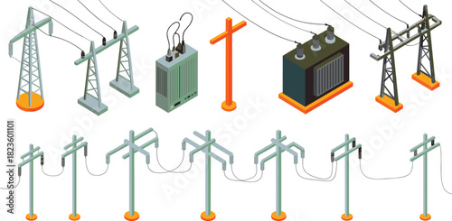 Isometric electrical power infrastructure illustration showing utility poles, transmission towers, transformers, and distribution lines for engineering, energy grid, and industrial design visuals