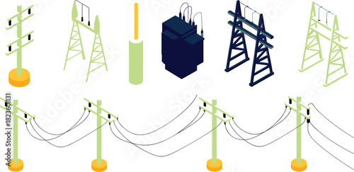 Isometric electrical poles, power lines, utility towers, energy infrastructure icons, transformer equipment, digital illustration of electricity distribution system for engineering and industrial use
