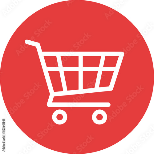 Browse items using a shopping cart to make online purchases within a red circle background