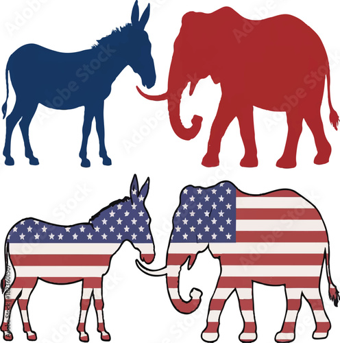 US Political Party Silhouettes - Democratic Donkey and Republican Elephant Icons with Flag Texture democratic donkey, republican elephant