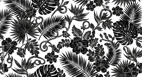 Black and white tropical floral pattern featuring various leaves and flowers on a white background