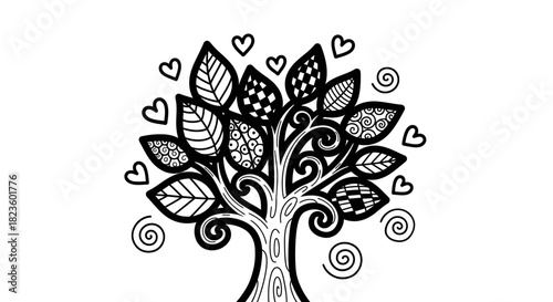 Intricate black and white tree illustration with decorative leaves and hearts, symbolizing love