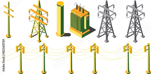 Isometric power poles, electrical towers, utility lines, energy distribution equipment, transformer station, 