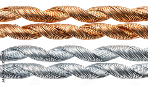 Two pairs of intertwined metallic strands, copper/gold & silver, on black