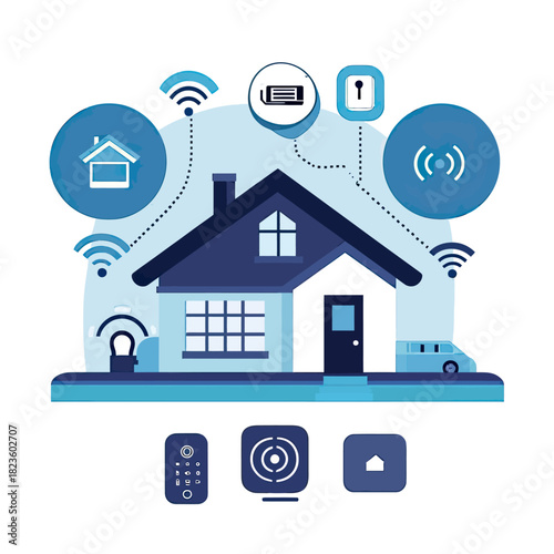 Smart home system concept with wireless connectivity icons including security camera, light bulb, remote control, door lock, and automation device in flat minimalist vector design illustration