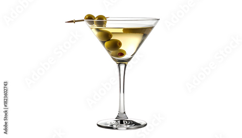 A classic martini in a triangular glass, garnished with olives on a toothpick