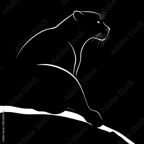 Minimalist black panther silhouette sitting on branch side view elegant feline wild cat simple vector design flat style isolated on black background